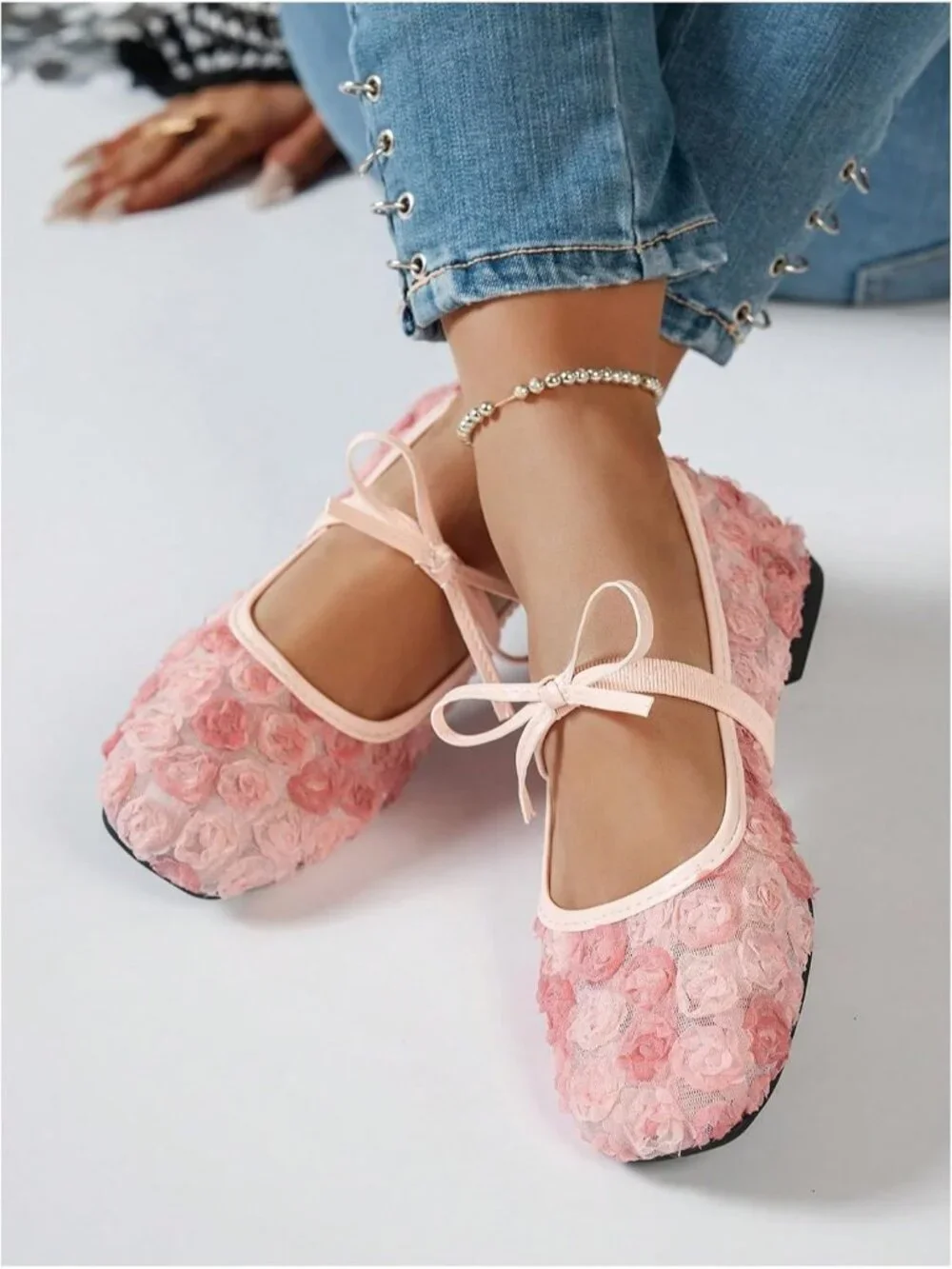 Women's Bright Pink Mesh Ballet Flats Lace Bow Square Toe Wedding Dressy Shoes